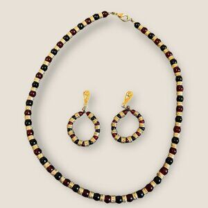 Vintage Gold Tone Beaded Necklace & Earrings Set Black/Red/Gold 16" Necklace & 1
